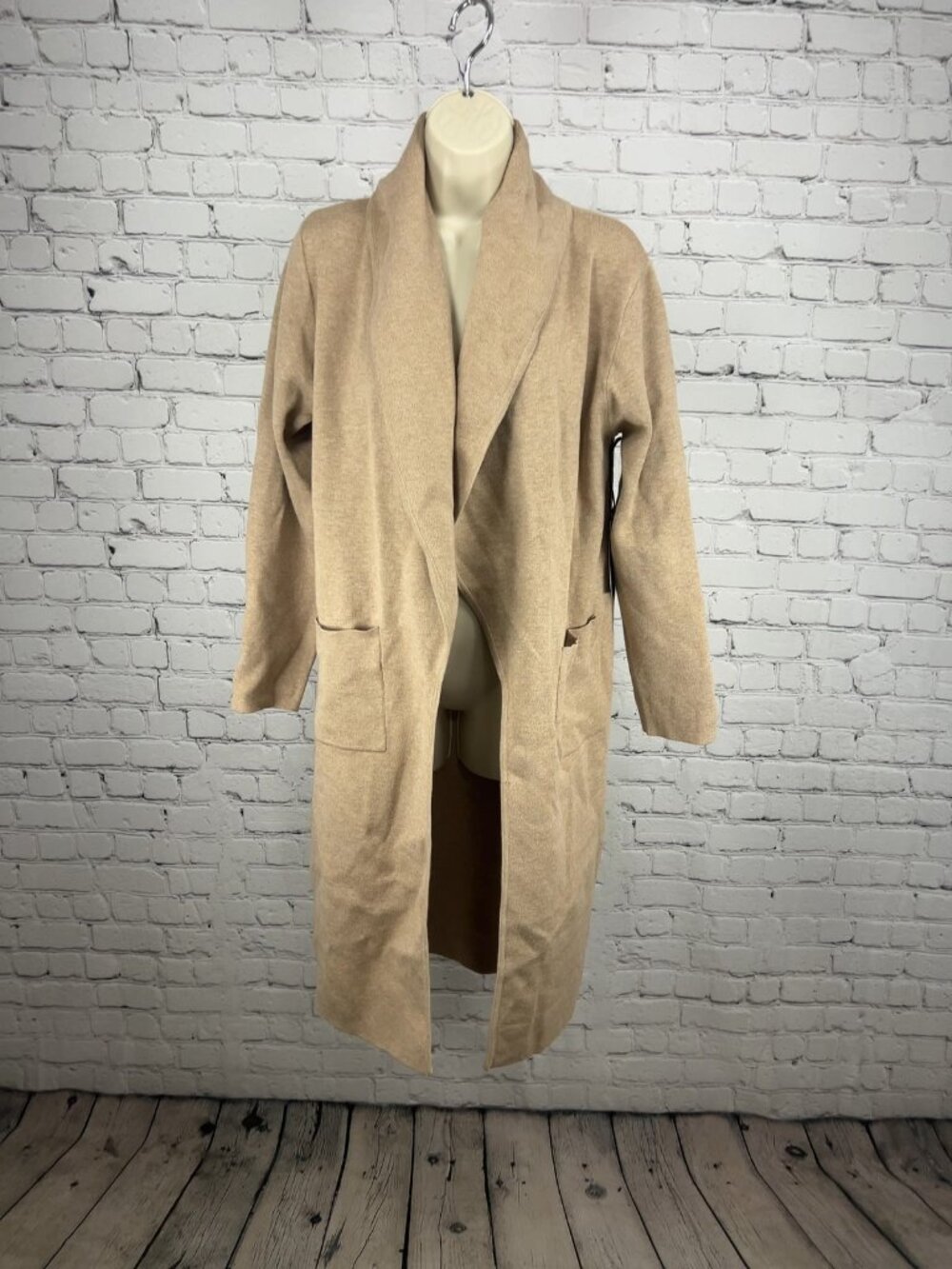 NWT Maxsport Sand Tan Shawl Collar Open Front Long Duster Cardigan Sweater M